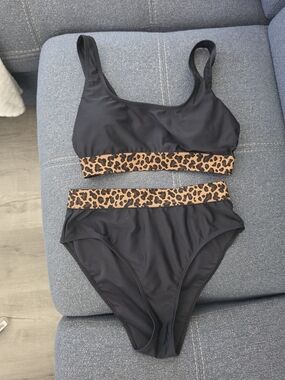 Black Bikini Set with Leopard Band - High Waist Swim Two-Piece